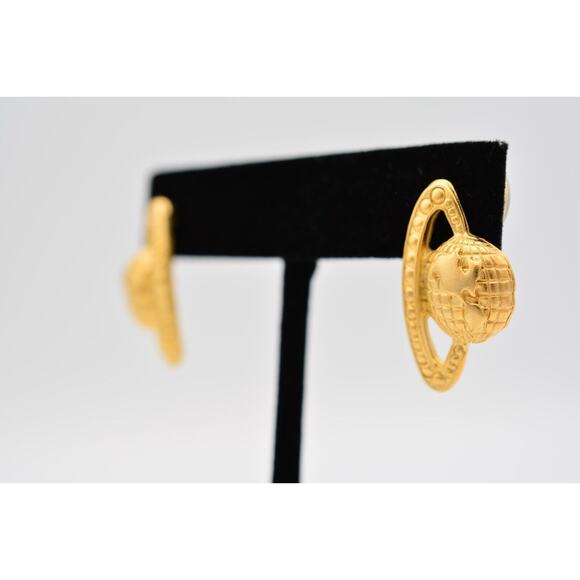 Vintage Saturn Earrings Planet Globe Earth Celestial Brushed Gold NOS 80s BinA9 - Picture 2 of 12